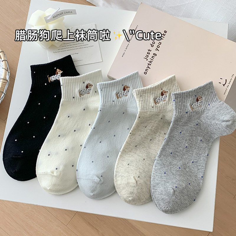 春夏薄款短筒女袜子纯棉吸汗防臭抗菌短袜韩系波点灰色透气棉袜潮