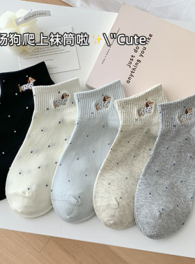 春夏薄款短筒女袜子纯棉吸汗防臭抗菌短袜韩系波点灰色透气棉袜潮