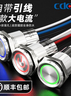 IP68防水自带引线 16mm金属按钮开关电源开关带灯自复自锁24 220V