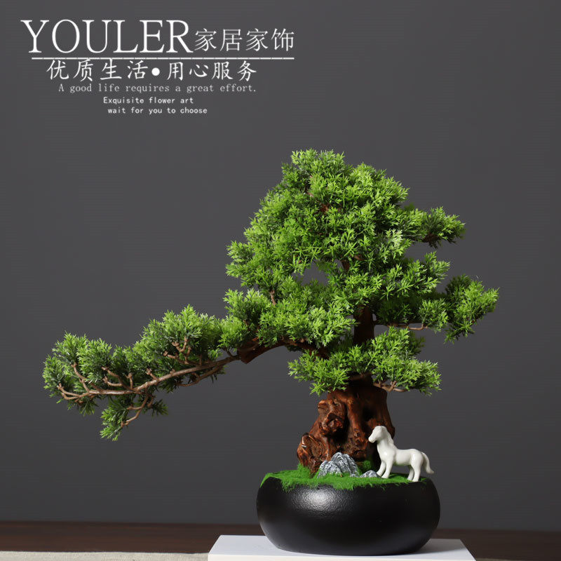 新中式仿真迎客松美人松绿植植物盆景摆件入户玄关柜台软装品装饰