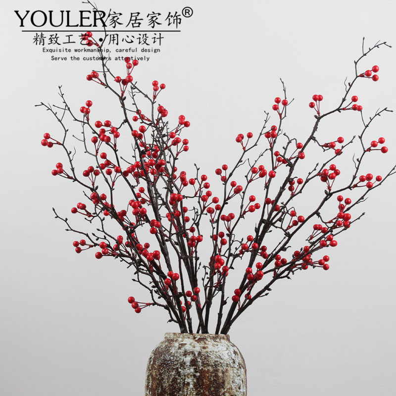 中式仿真果子浆果红果梧桐果发财果枝家居客厅书房桌面装饰花摆件