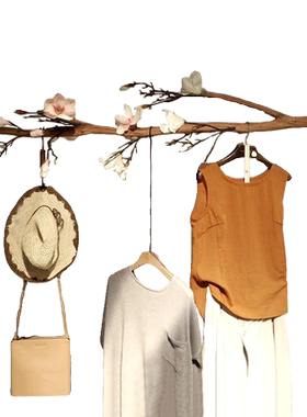 原色带花树枝灰色干原木民宿木色风咖啡色装饰树枝吊架挂衣架带皮