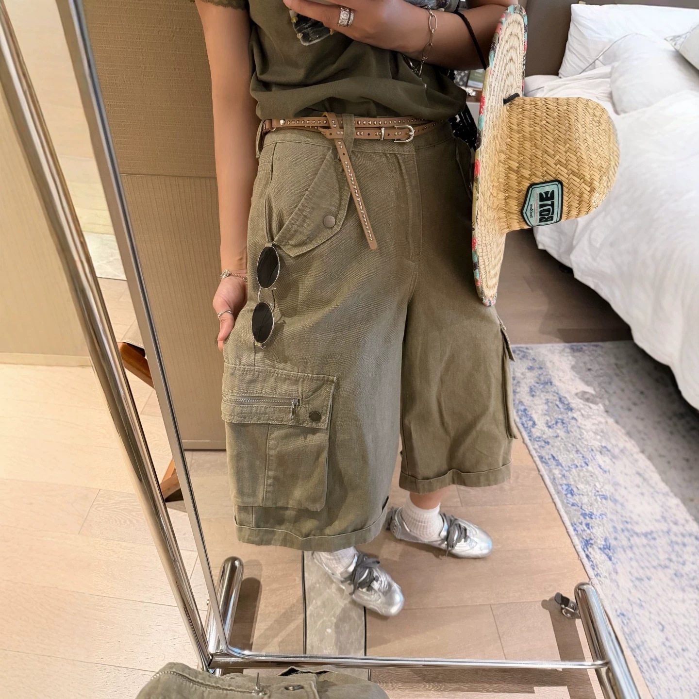 秋铭  口袋工装牛仔裤女2026夏宽松小个子5分直筒中裤腰带G1901