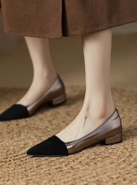 法式银色小香风拼色浅口单鞋女夏春秋真皮粗跟2cm软底尖头小皮鞋