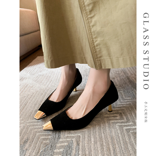 2025春季新款真皮金属跟拼色浅口细跟单鞋小众气质小方头高跟鞋女