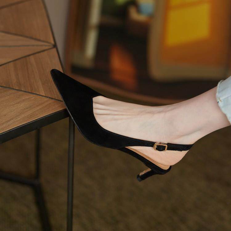 尖头后空细跟黑色高跟鞋女2025春夏季韩版新款一字带法式包头凉鞋