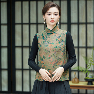 真丝提花绢纺香云纱马夹新中式改良百搭背心清新淡雅碎花马甲显瘦