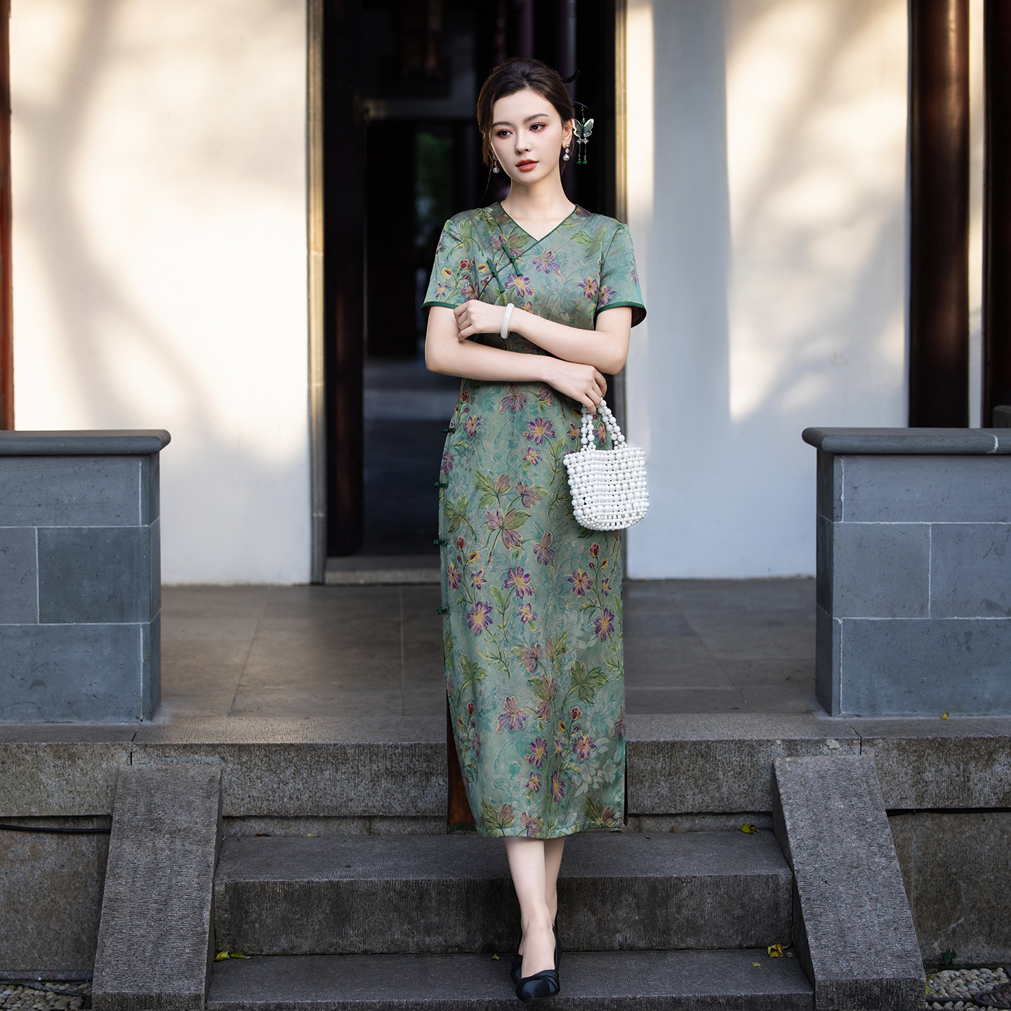 真丝花罗红云纱新中式连衣裙 V领盘扣改良旗袍裙大码日常气质长裙