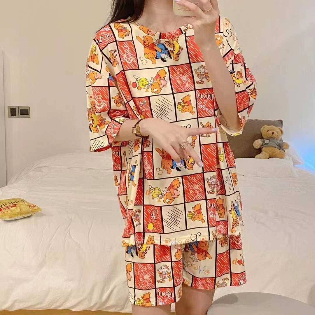 睡衣女夏季薄款短袖卡通少女学生夏天宽松睡衣女士外穿家居服套装