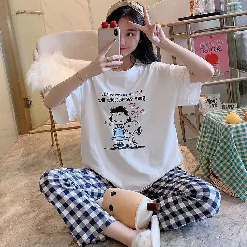 外贸新款韩版卡通睡衣女短袖长裤可爱少女士可外穿家居服春秋套装