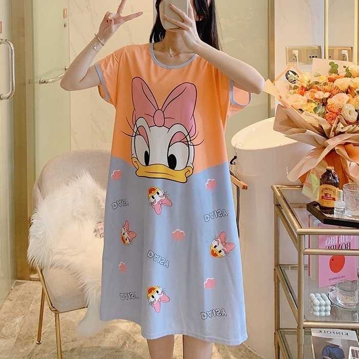厂家休闲夏宽松大码甜美可爱卡通短袖中长款少女可外穿短袖睡裙