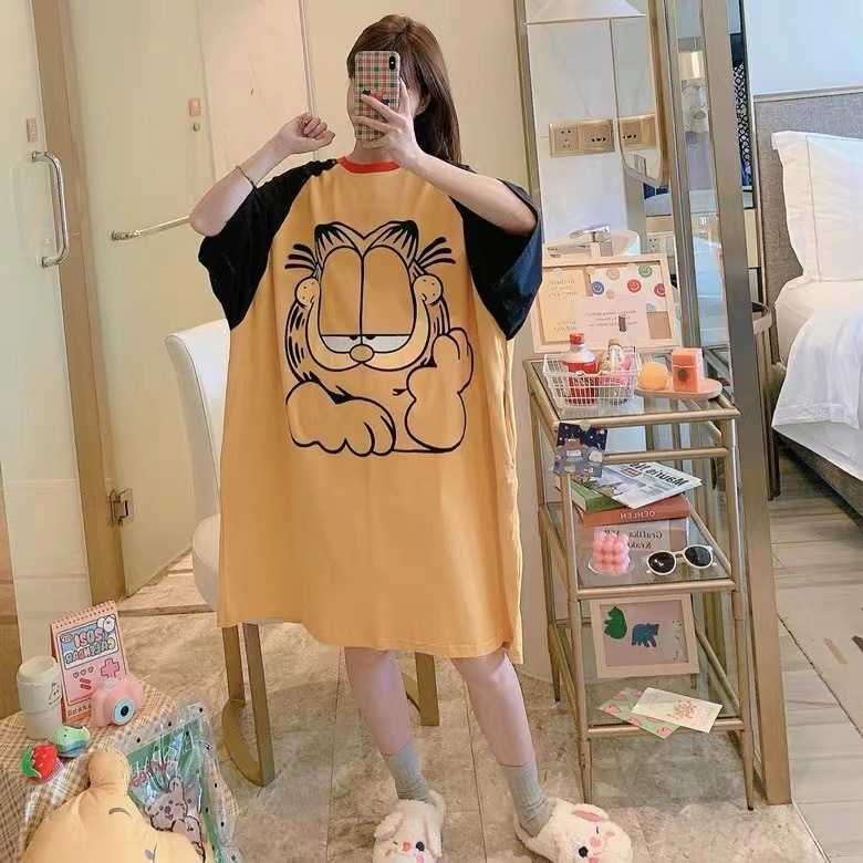 爆款新款夏宽松大码甜美可爱卡通短袖中长款少女可外穿短袖睡裙