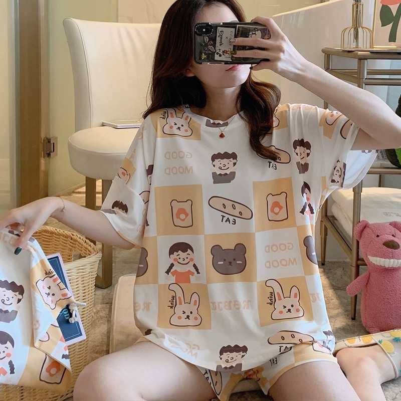 睡衣女夏季薄款短袖卡通少女学生夏天宽松睡衣女士外穿家居服套装