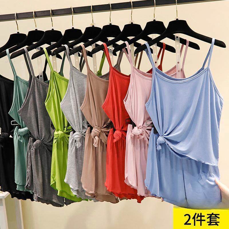 热销夏季吊带睡衣女夏薄宽松大码睡衣套装花边内搭短裤背心两件套
