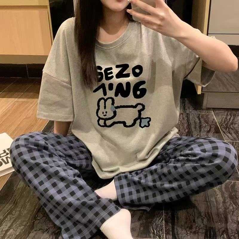 睡衣女士圆领夏季短袖薄款卡通甜美可爱长裤卡通家居服春秋季套装