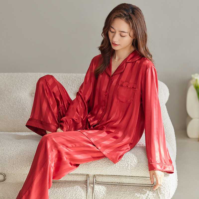 2026春秋季感条纹提花丝网红睡衣女长袖家居服套装空调服夏季冰凉