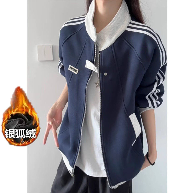 美式条纹加绒加厚卫衣外套男女秋冬撞色拼接棒球服学院风立领夹克
