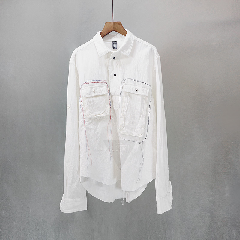 夜刻原创设计小众白色衬衫撞色绣线简约宽松套头罩衫百搭休闲长袖