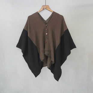 夜刻原创设计做旧褶皱棉麻V领宽松短款开衫诗人外套衬衫禅意慵懒