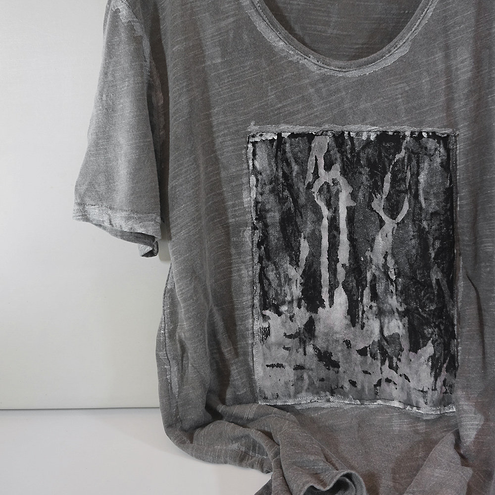 夜刻原创圆领棉麻水洗做旧短袖T恤复古破烂废土贴布拼接暗黑宽松