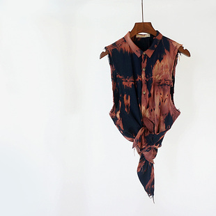 夜刻独家设计师水洗扎染撕边留须无袖衬衫街头摇滚朋克音乐节另类