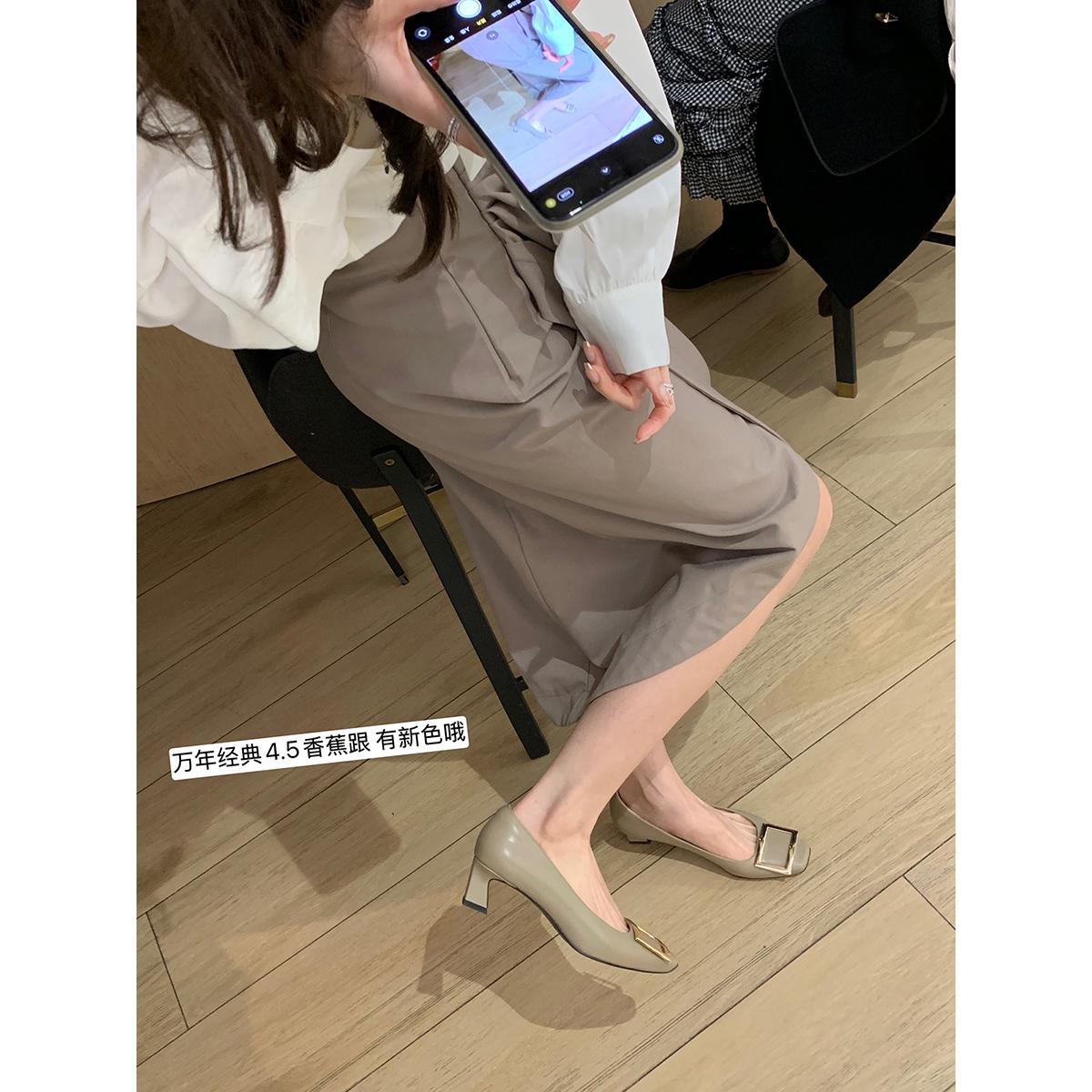 羊皮版~葡萄妈同款新色气质方头通勤高跟鞋女浅口方扣香蕉跟单鞋图片