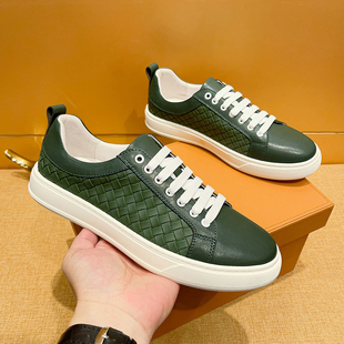 2025新款 百搭透气小白鞋 真皮编织板鞋 休闲皮鞋 子潮 男士 墨绿色男鞋
