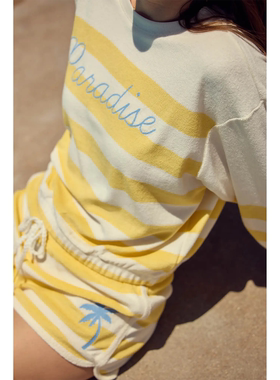 外贸原单PJS*alvage弹力舒适复古海滨风毛圈布柠檬色条纹套装1495