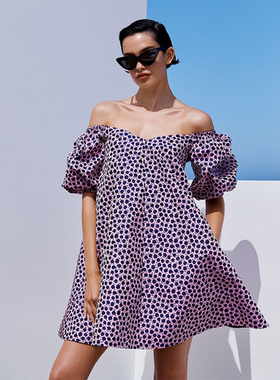 wei一跟单！Scan*lan Theo*do*re 花卉梯形连衣裙一字肩泡泡A字裙