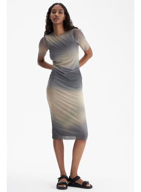 外贸原单LIM*E俄单小众复古包臀收腰性感渐变印花网眼短袖连衣裙