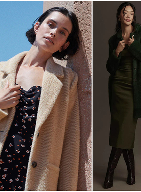 Anth&Sanct… 联名 驼色人字纹墨绿 人造毛 毛绒中长款单排扣外套