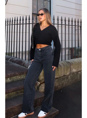 外贸原单WF复古水洗低腰酷妹直筒宽松阔腿牛仔裤黑色辣妹D6 2048