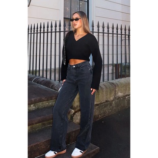 外贸原单WF复古水洗低腰酷妹直筒宽松阔腿牛仔裤 2048 黑色辣妹D6