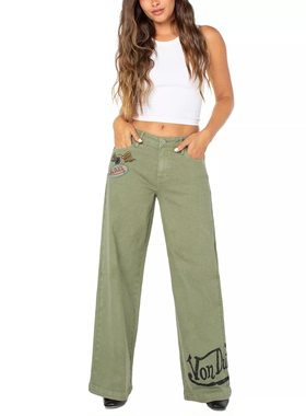 外贸原单Von D*utch会飞的眼睛绿色低腰阔腿牛仔裤Y2K贴布C7 2750
