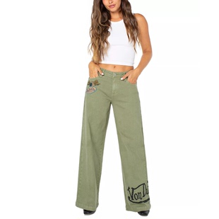 外贸原单Von D*utch会飞的眼睛绿色低腰阔腿牛仔裤Y2K贴布C7 2750