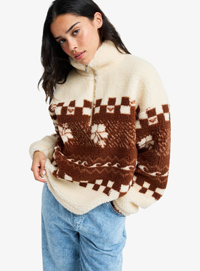 外贸原单Rox*y巧克力半拉链宽松套头衫羊羔绒抓绒卫衣B10 2898