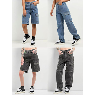 牛仔裤 2182 yre复古水洗拉链可拆卸两穿高腰工装 外贸原单Emp