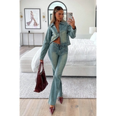 修身 外贸原单WF美式 复古显瘦水洗百搭喇叭裤 翻领牛仔外套潮D21214