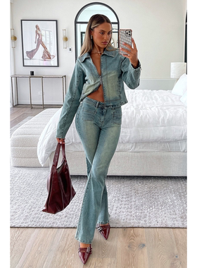 外贸原单WF美式复古显瘦水洗百搭喇叭裤修身翻领牛仔外套潮D21214