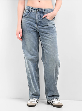 外贸原单Emp*yre男女同款磨损口袋水洗高腰休闲宽松直筒牛仔裤