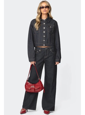 外贸原单Edi复古水洗翻领纯色牛仔外套套装牛仔阔腿裤长裤D9 2069