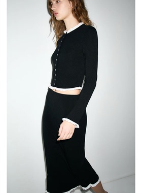 俄罗斯lim出口外贸气质荷叶边弹力修身针织长袖开衫套装C4 3728