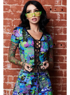 外贸原单Ruc*kus复古抽象油画印花修身短款上衣设计感短袖内搭T恤