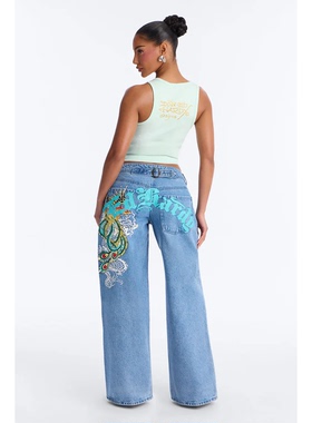 外贸原单EDH白龙彩凤印花牛仔裤低腰垂感直筒宽松阔腿裤B6 3998