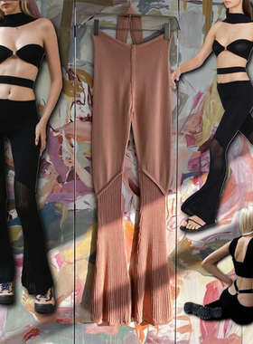 外贸原单RUV*E  SAUNI喇叭裤只有橙色 镂空拼接加长裤度假针织裤