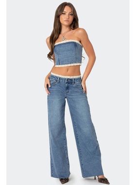 外贸原单Edi复古洛丽塔蕾丝边拼接低腰宽松直筒阔腿牛仔裤D1 2061