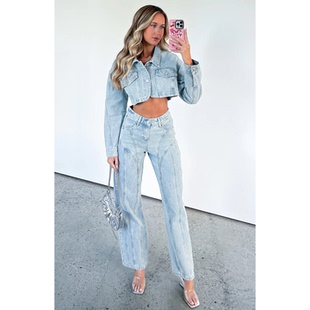 2081 外贸原单WF复古放射线高腰直筒宽松牛仔裤 浅蓝色酸洗款