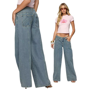 外贸原单Edi缝线褶裥小众设计感低腰直筒宽松阔腿牛仔裤C5 2952