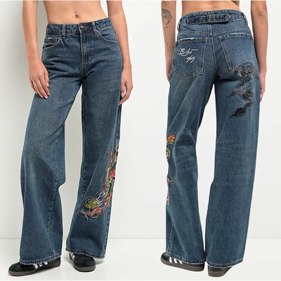 Ed刺绣龙男女同款阔腿牛仔裤