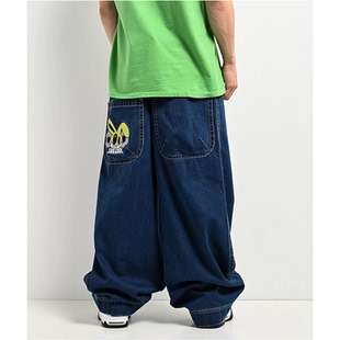 外贸原单A.LA*B男女同款锐舞派对高腰宽松深蓝阔腿牛仔裤 D 2174